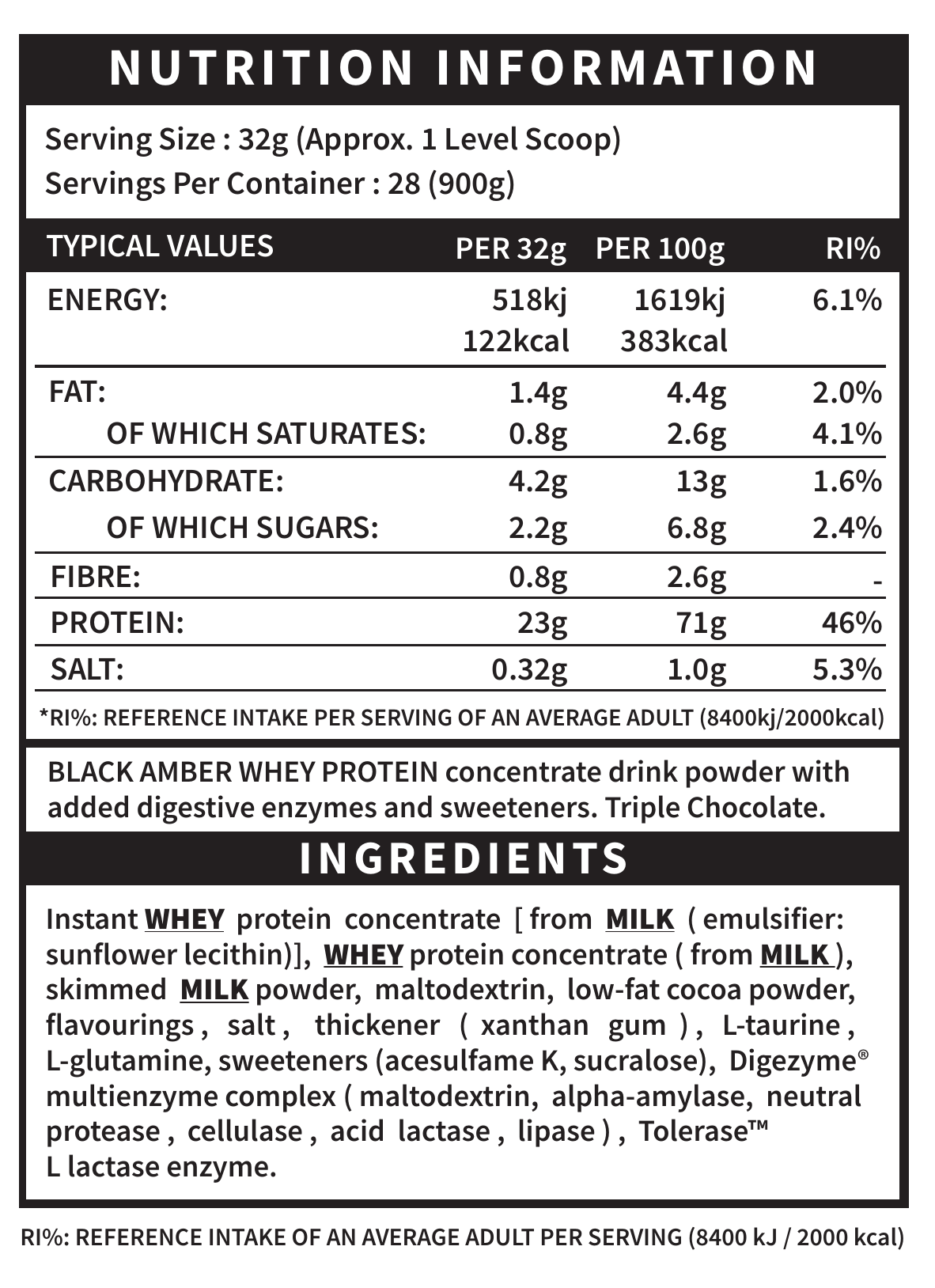 Black Amber Whey Protein Triple Chocolate official nutrition and ingredient label panel