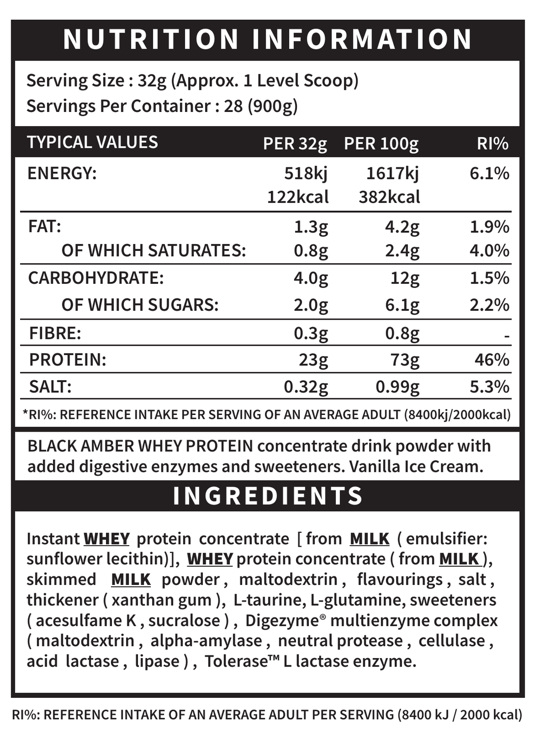 Black Amber Whey Protein Vanilla Ice Cream official nutrition and ingredient label panel