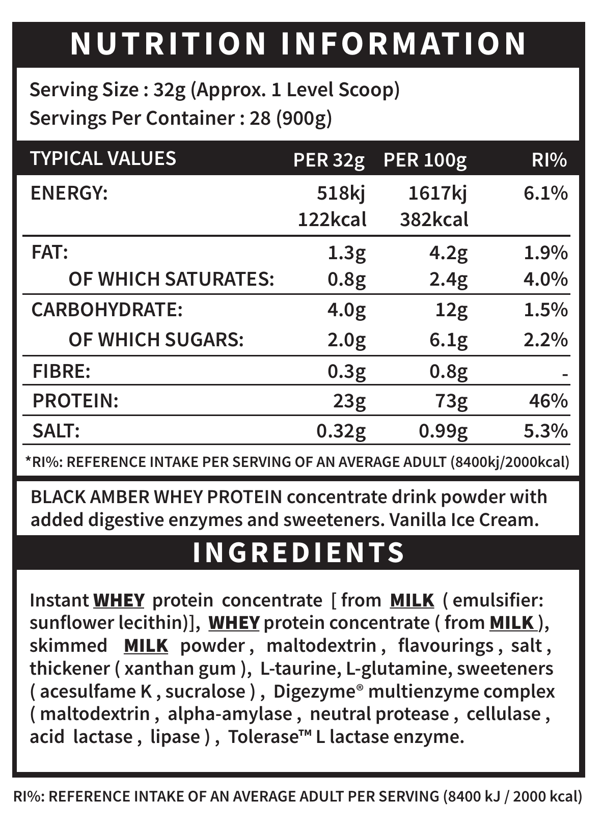 Black Amber Whey Protein Vanilla Ice Cream official nutrition and ingredient label panel