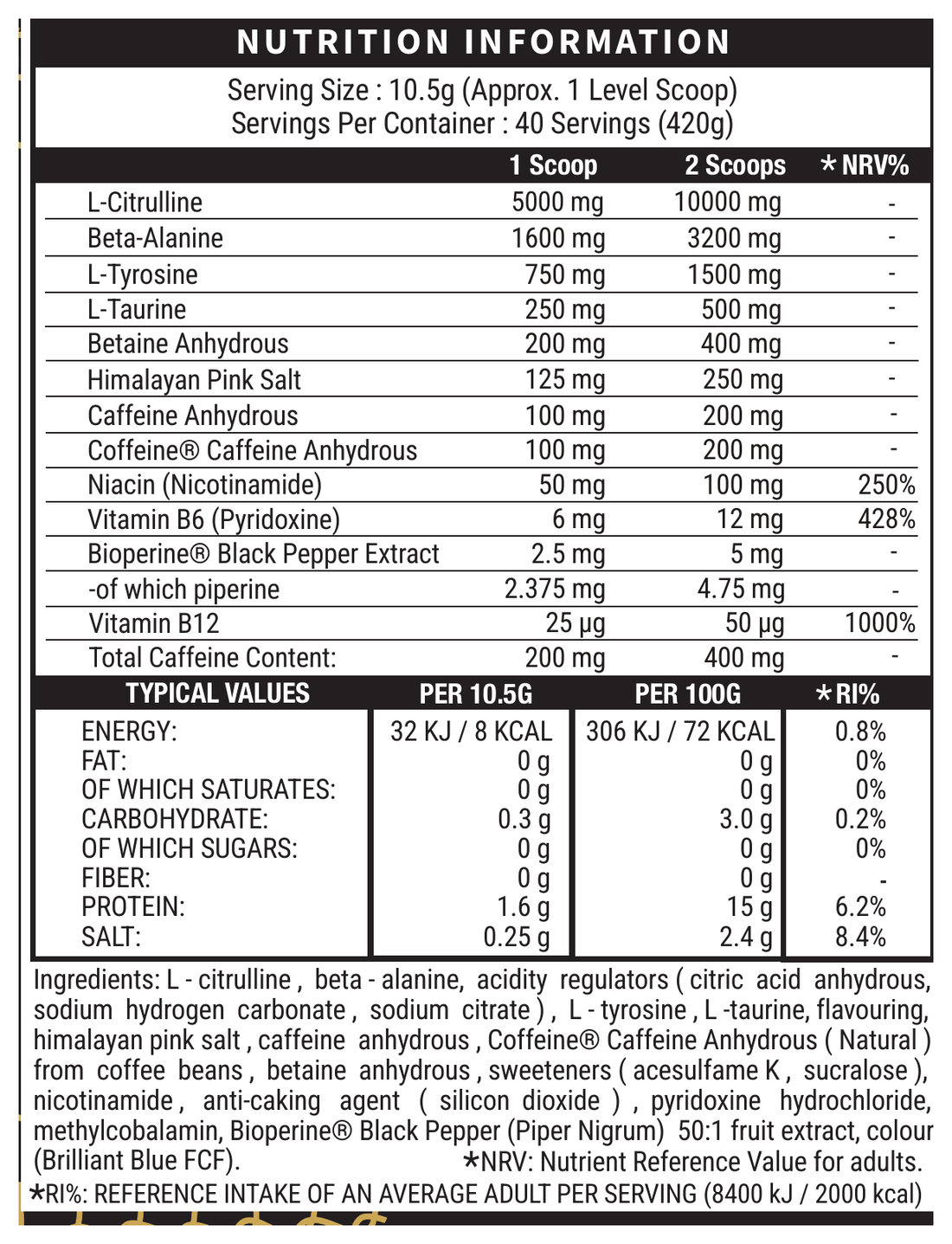Death Row Pre-Workout Blue Razz official nutrition and ingredient label panel