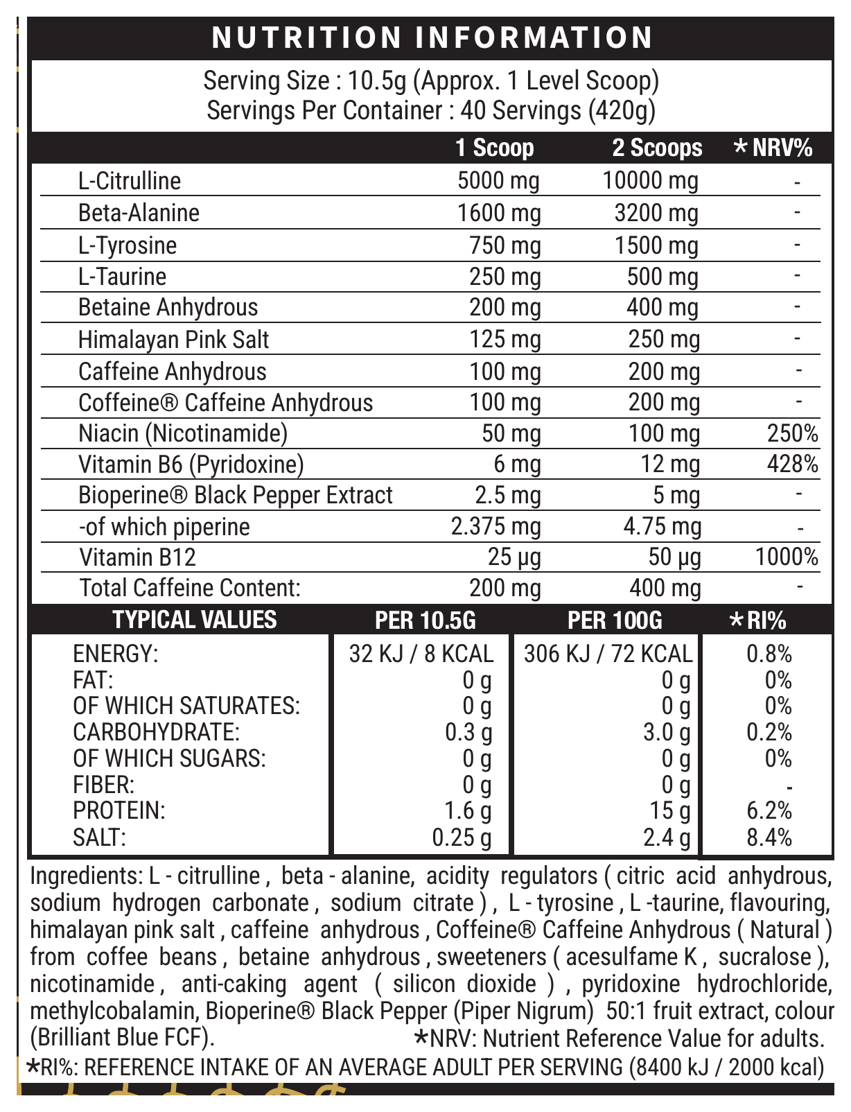 Death Row Pre-Workout Blue Razz official nutrition and ingredient label panel