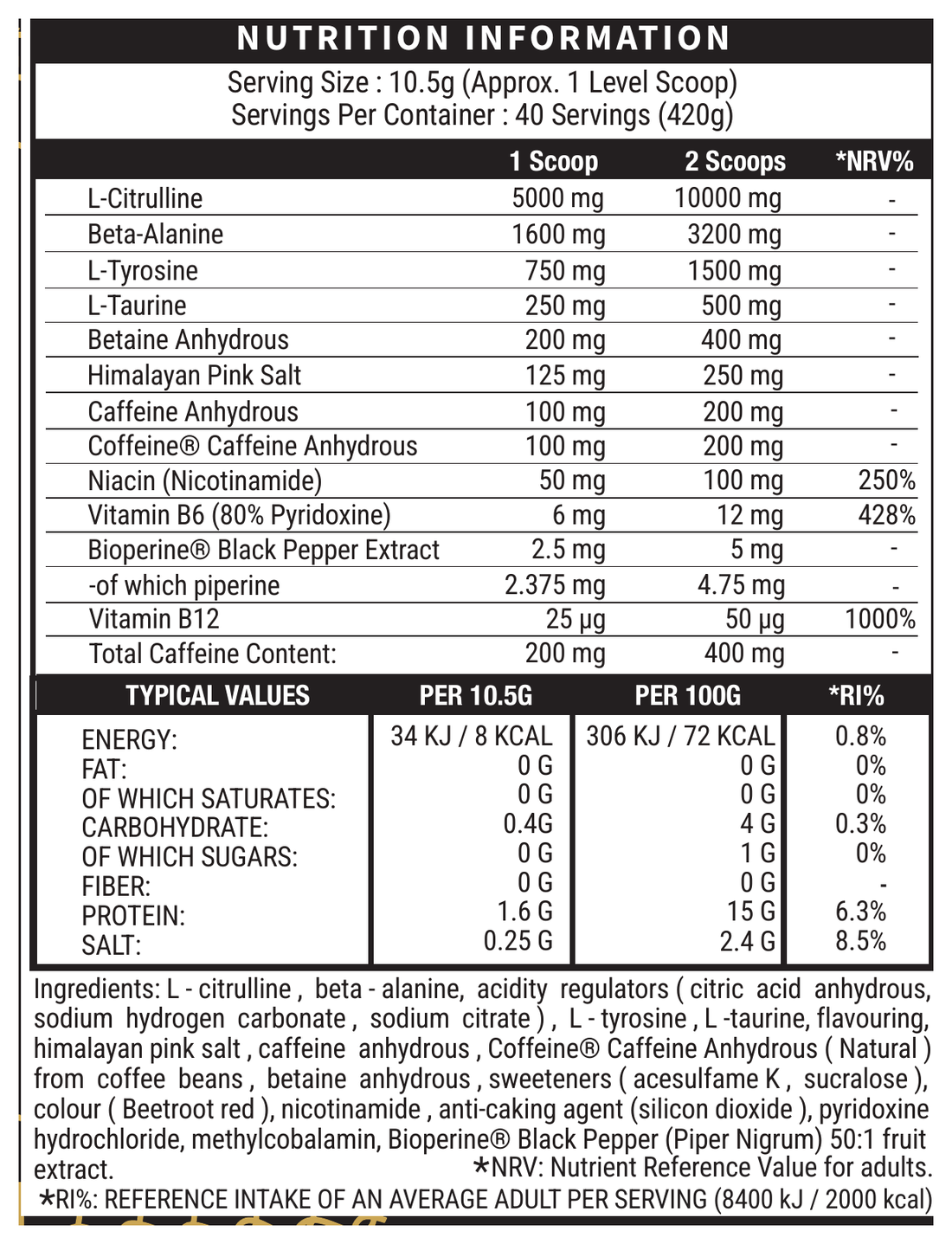 Death Row Pre-Workout Fruit Punch official nutrition and ingredient label panel