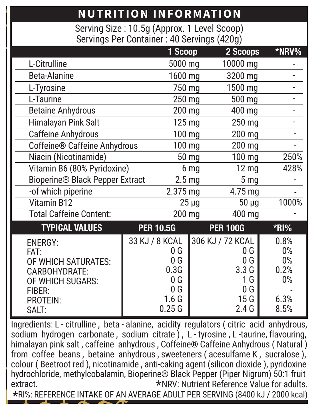 Death Row Pre-Workout Red Berries official nutrition and ingredient label panel