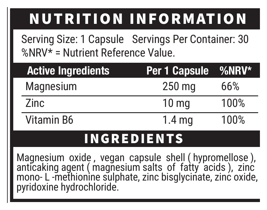 ZMB6 Max Zinc Magnesium B6 official supplement facts and ingredient label panel