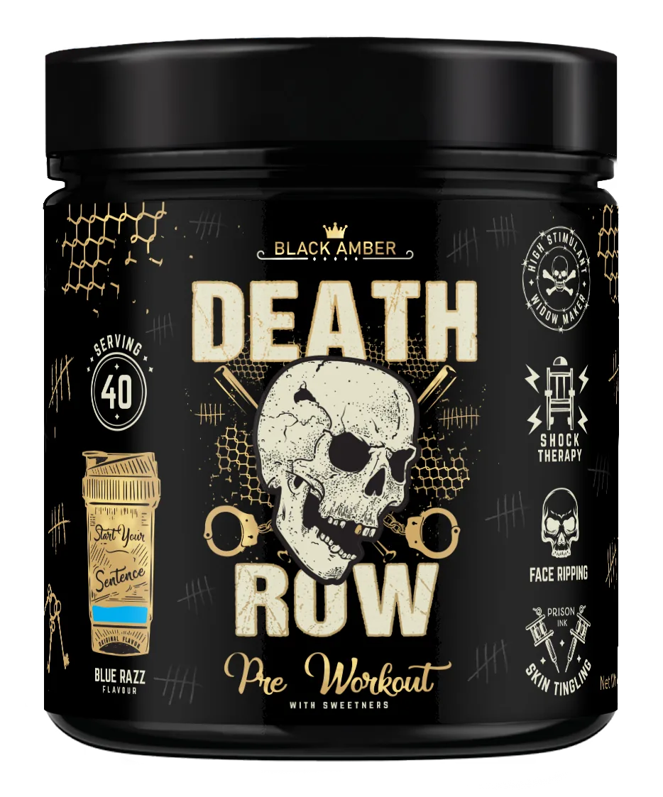 Black Amber Death Row pre-workout tub in Blue Razz flavour