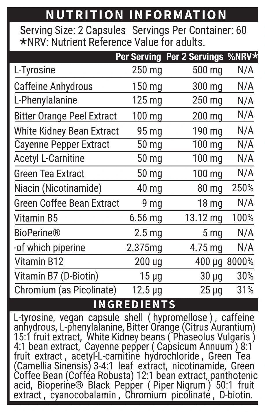 Cut Throat Thermogenic Fat Burner 120 Capsules Cut Throat nutrition and ingredients panel