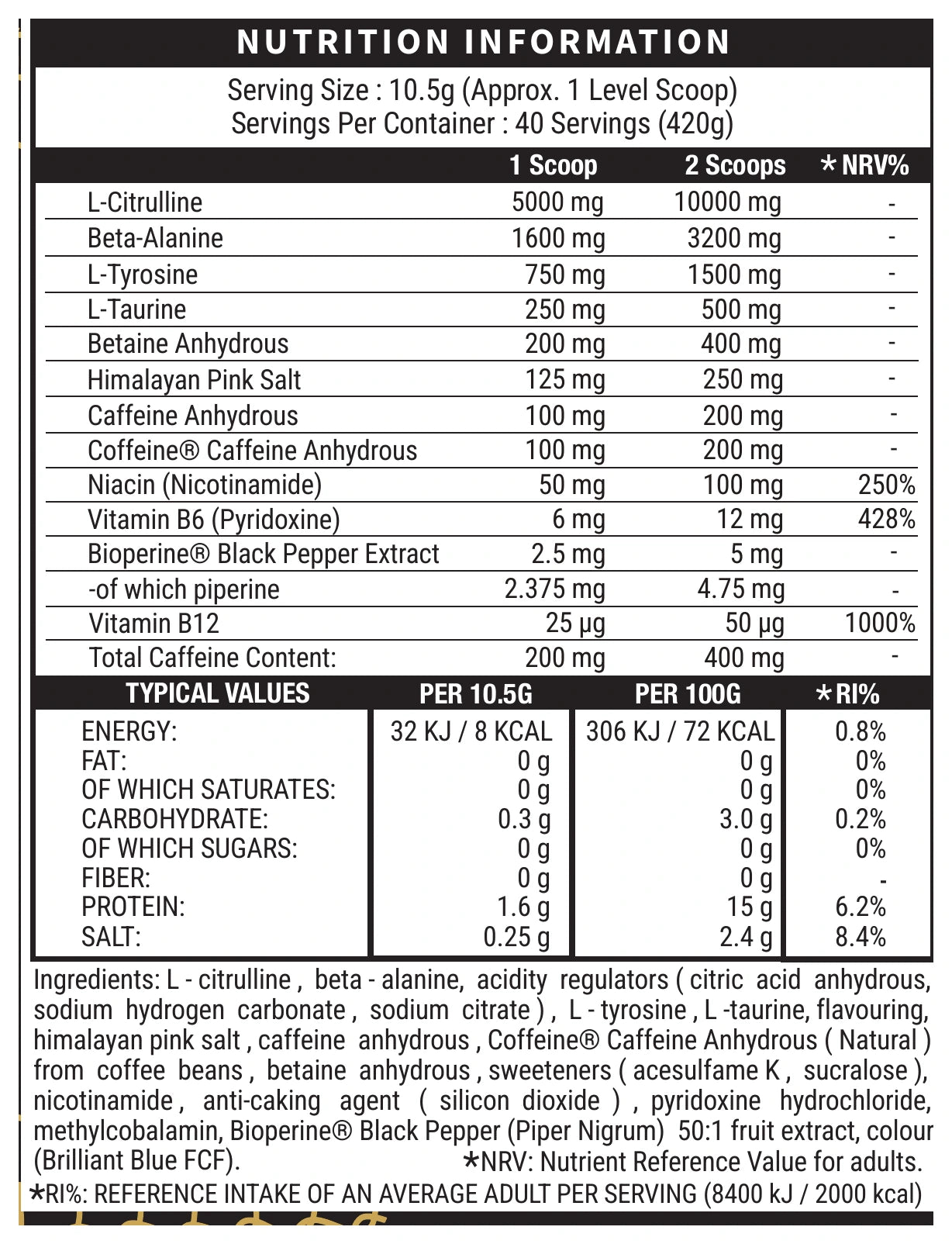 Death Row High-Stim Pre-Workout 420g Blue Razz nutrition and ingredients panel