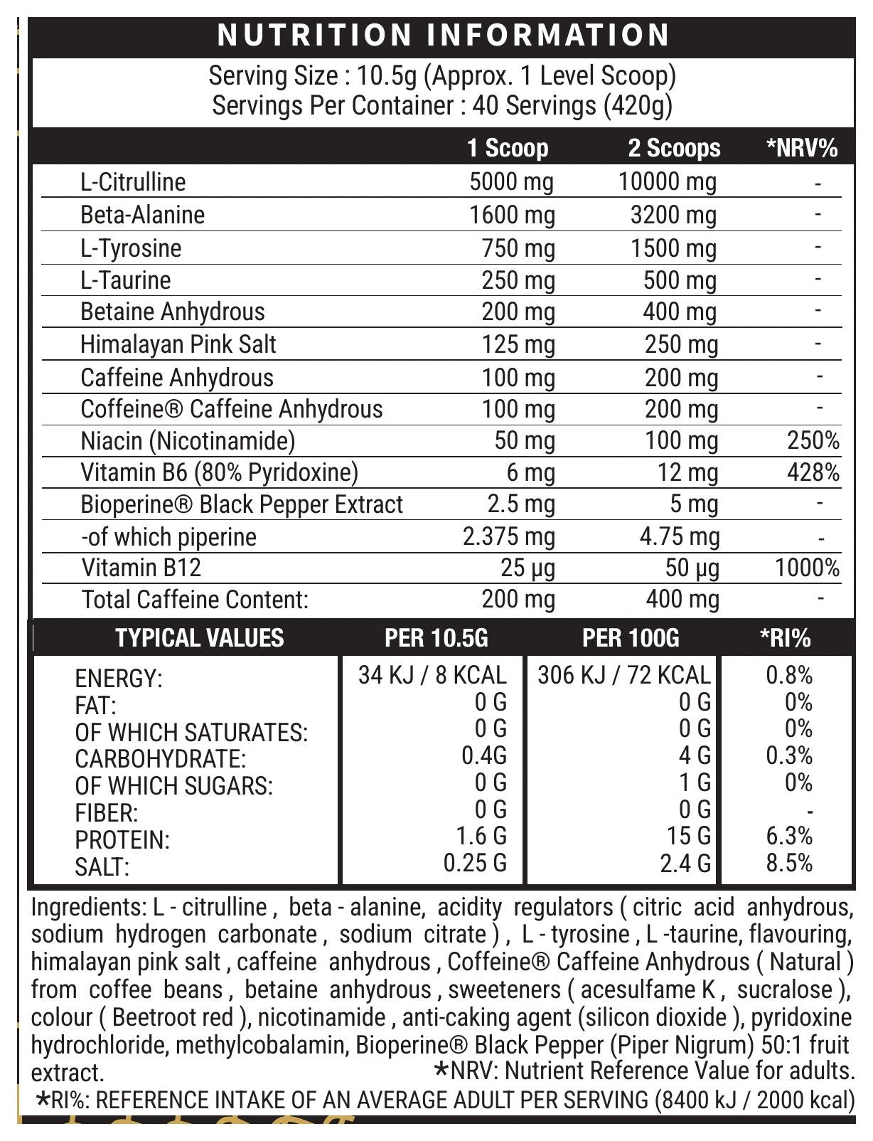Death Row High-Stim Pre-Workout 420g Fruit Punch nutrition and ingredients panel