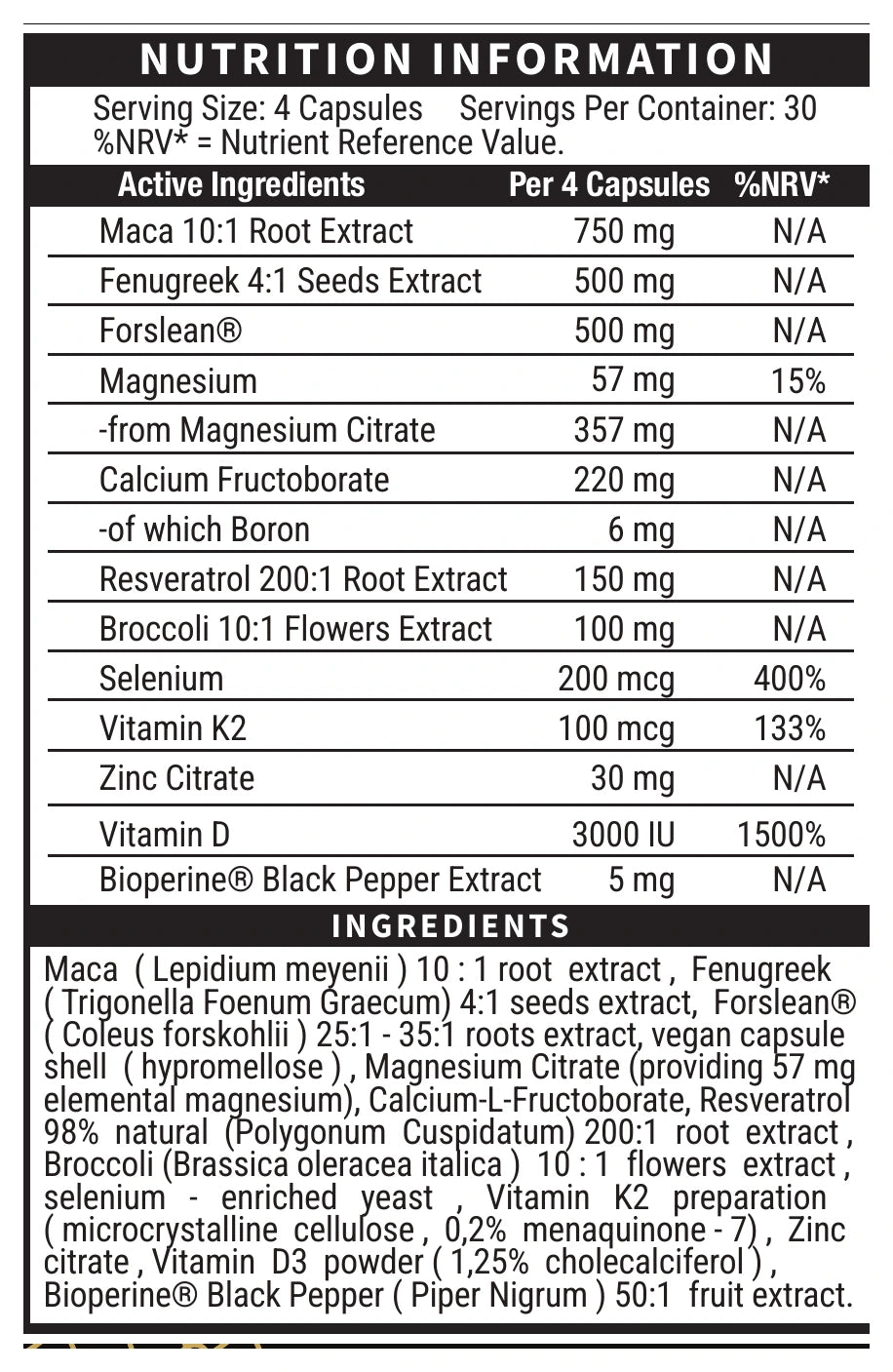 Test 365 Daily Male Support 120 Capsules Test 365 nutrition and ingredients panel