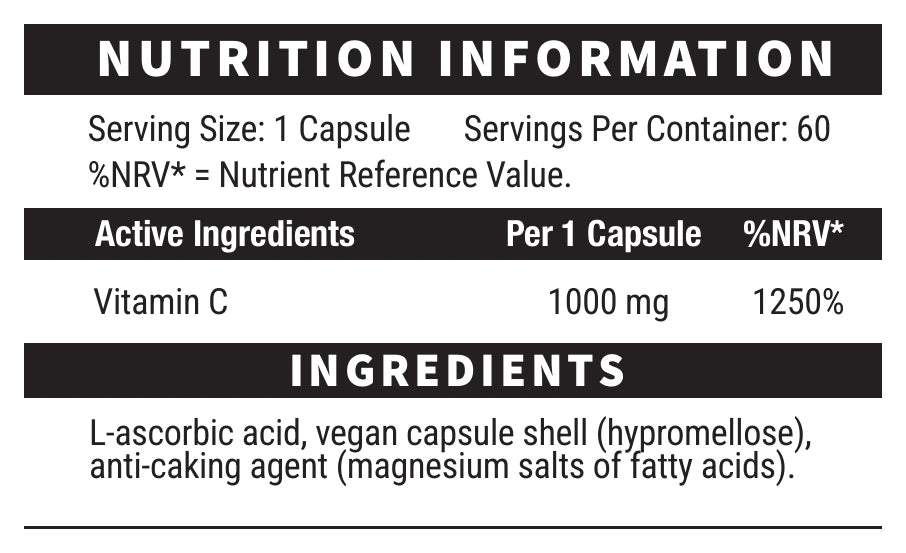 Black Amber Vitamin C 1000mg 60 Capsules Vitamin C 1000 nutrition and ingredients panel
