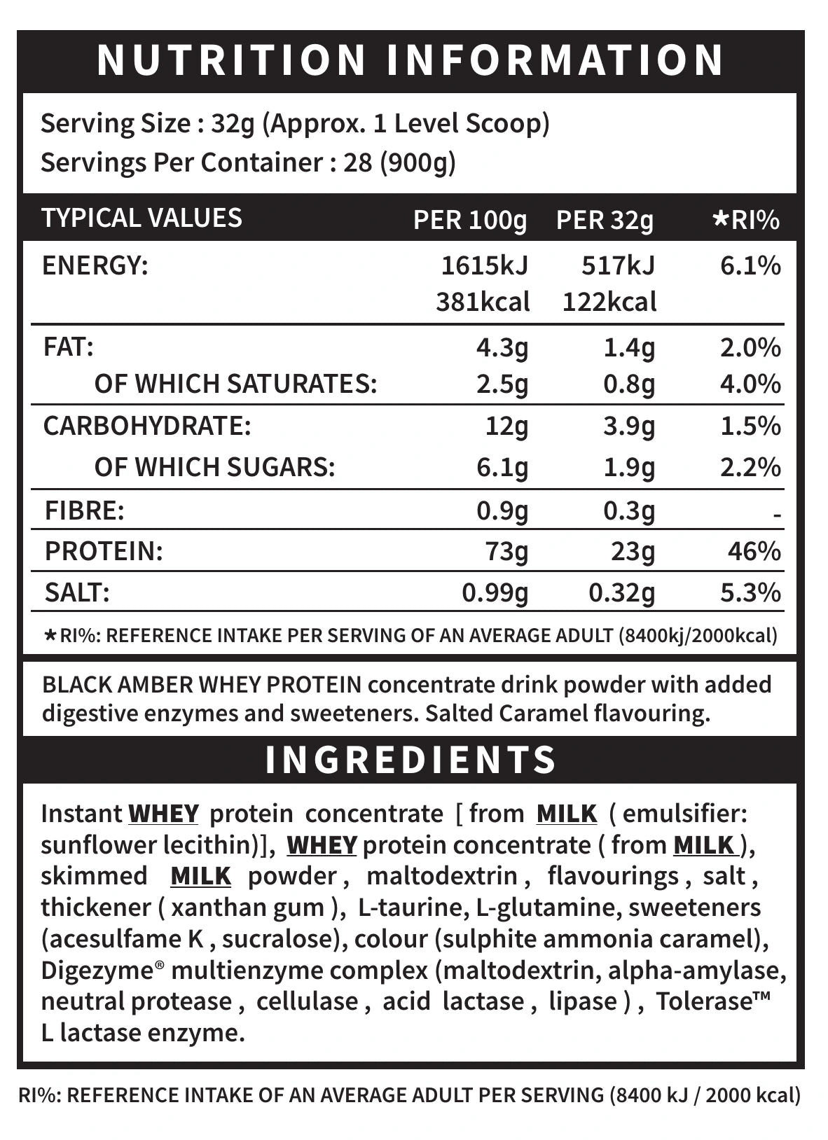 Black Amber Whey Protein Powder 900g Salted Caramel nutrition and ingredients panel