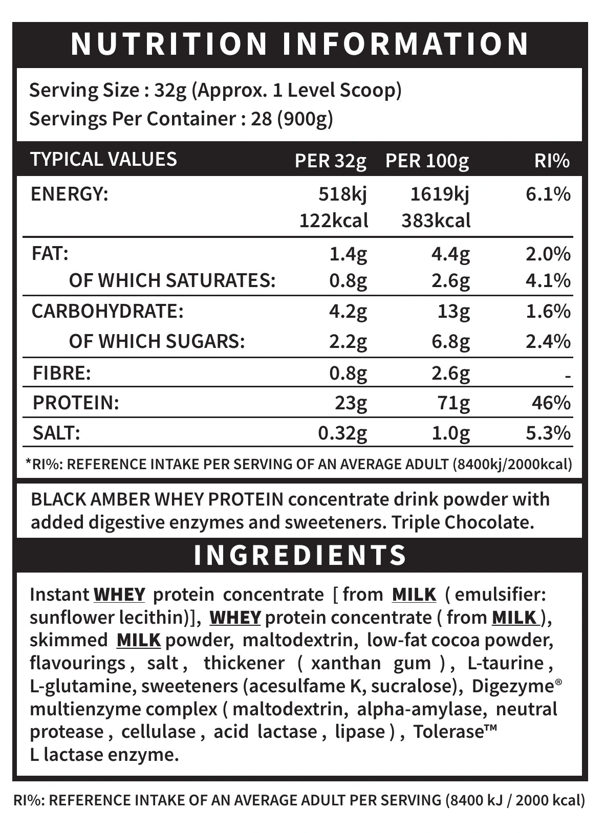 Black Amber Whey Protein Powder 900g Triple Chocolate nutrition and ingredients panel