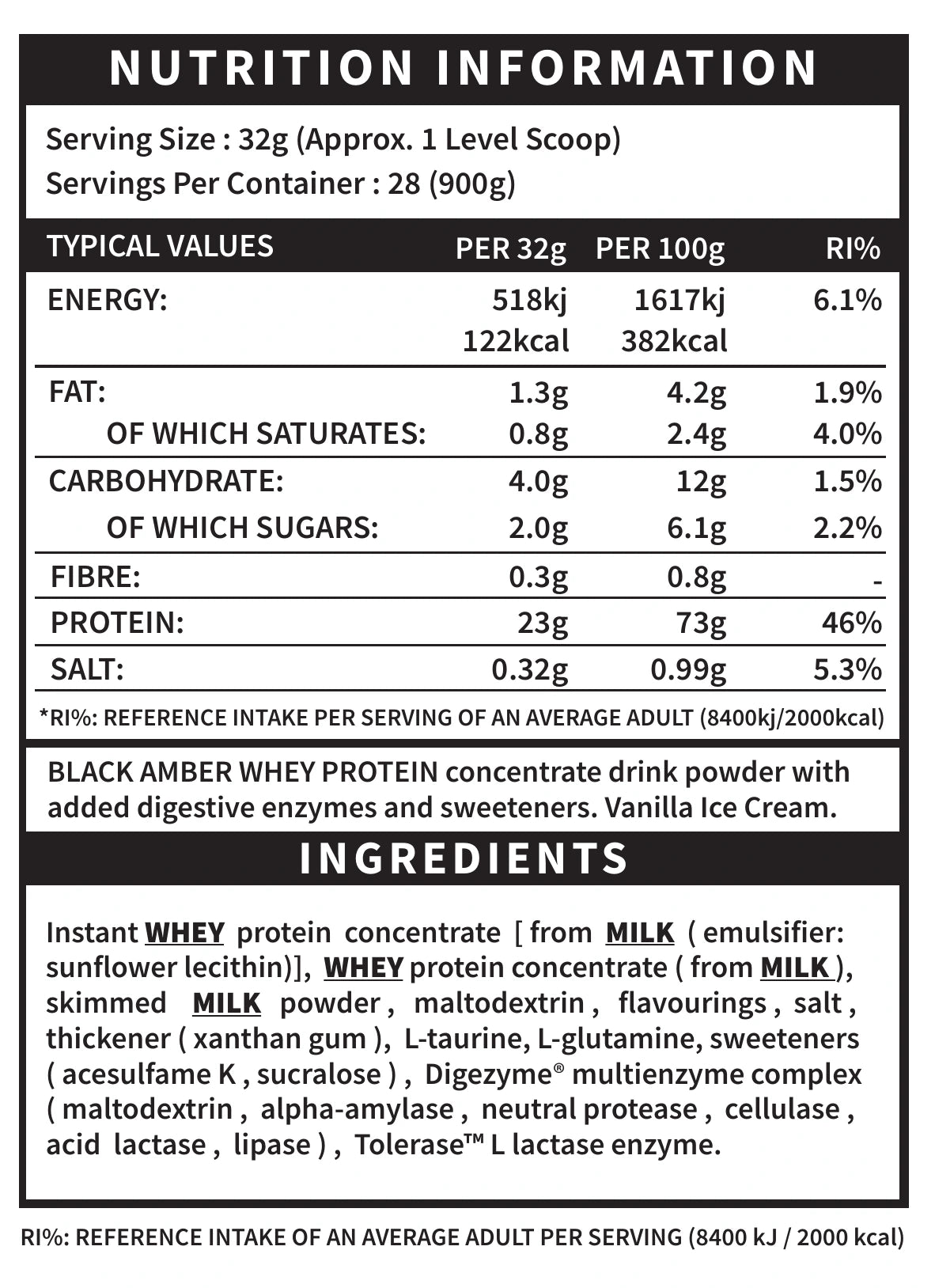 Black Amber Whey Protein Powder 900g Vanilla Ice Cream nutrition and ingredients panel