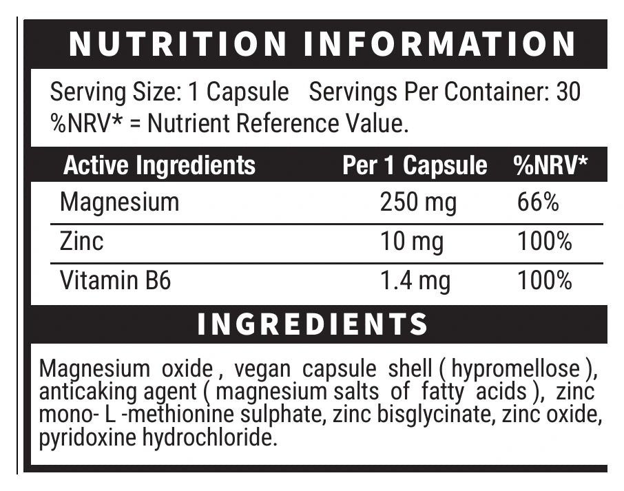 Black Amber ZMB6 Max Zinc Magnesium B6 ZMB6 Max nutrition and ingredients panel